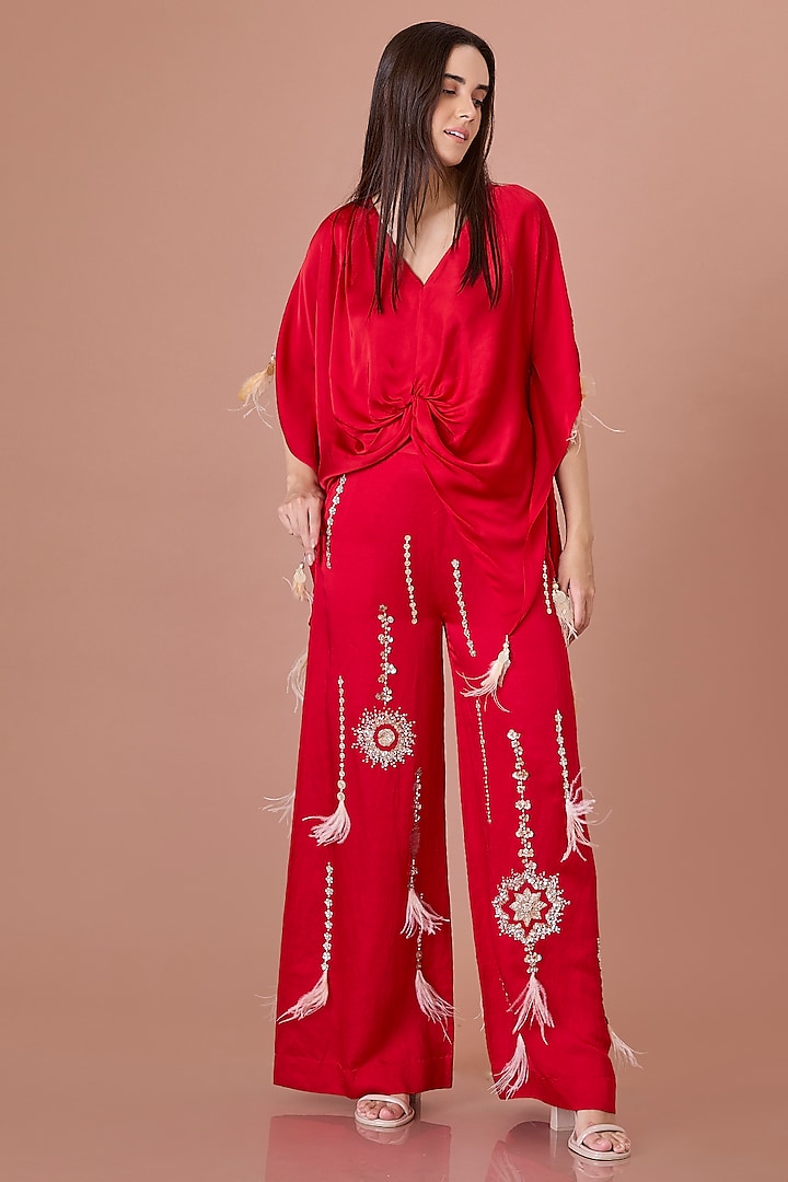 Red Blended Linen Hand Embroidered Trousers by Dilnaz Karbhary at Pernia's Pop Up Shop