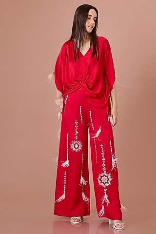 Red Blended Linen Hand Embroidered Trousers by Dilnaz Karbhary
