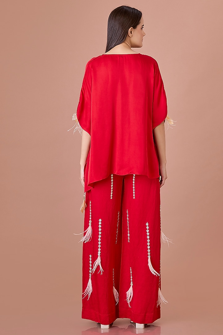 Red Blended Linen Hand Embroidered Trousers by Dilnaz Karbhary at Pernia's Pop Up Shop