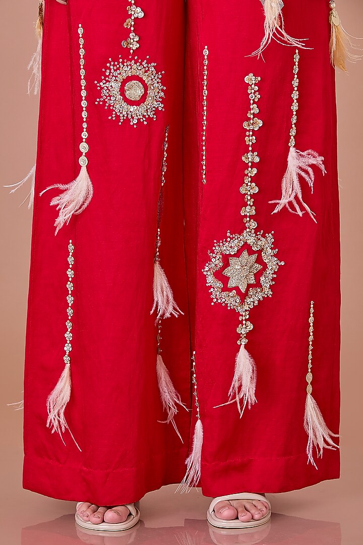 Red Blended Linen Hand Embroidered Trousers by Dilnaz Karbhary at Pernia's Pop Up Shop