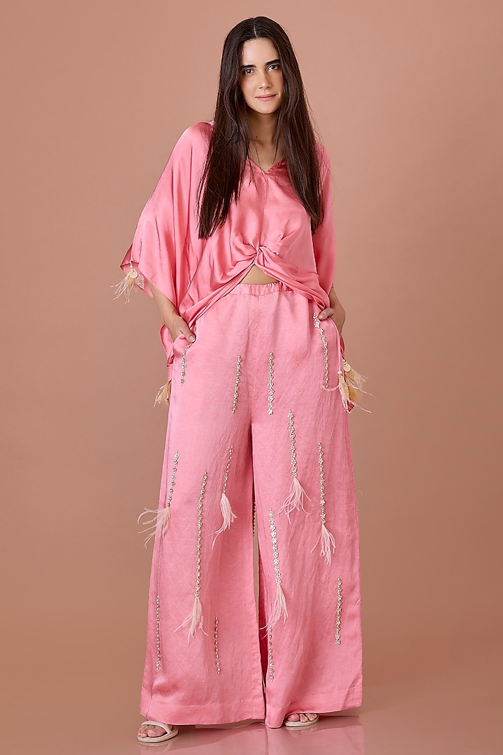 Rose Pink Blended Linen Hand Embroidered Trousers by Dilnaz Karbhary at Pernia's Pop Up Shop