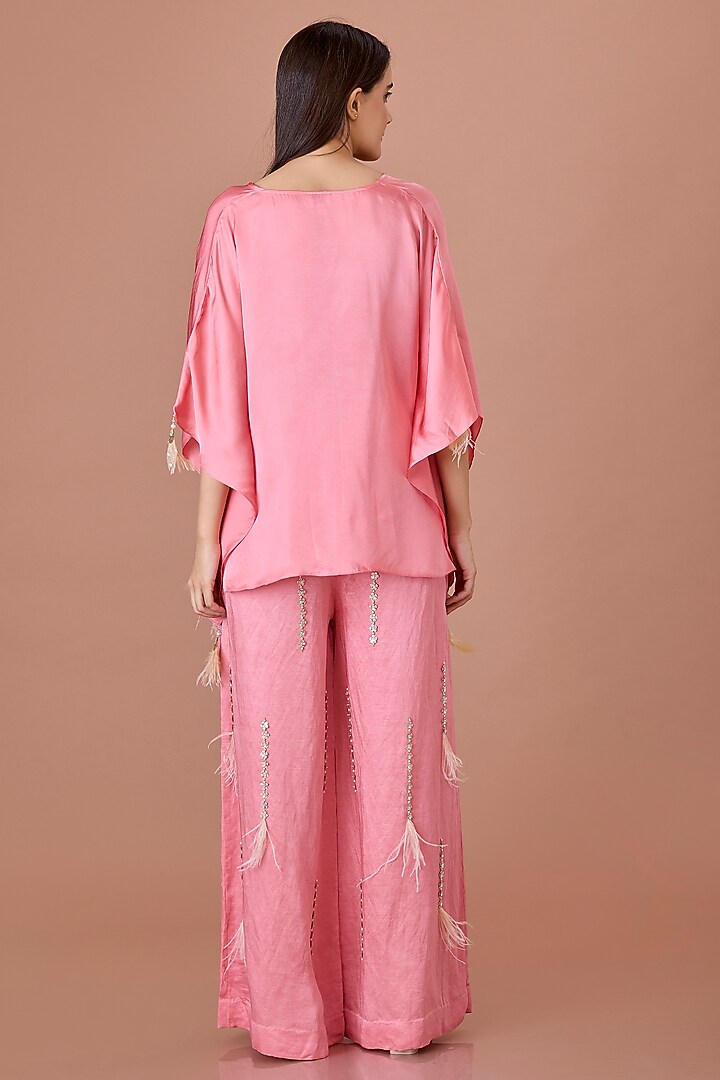 Rose Pink Blended Linen Hand Embroidered Trousers by Dilnaz Karbhary at Pernia's Pop Up Shop