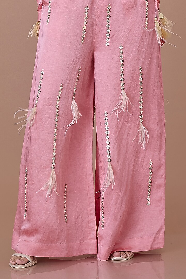 Rose Pink Blended Linen Hand Embroidered Trousers by Dilnaz Karbhary at Pernia's Pop Up Shop