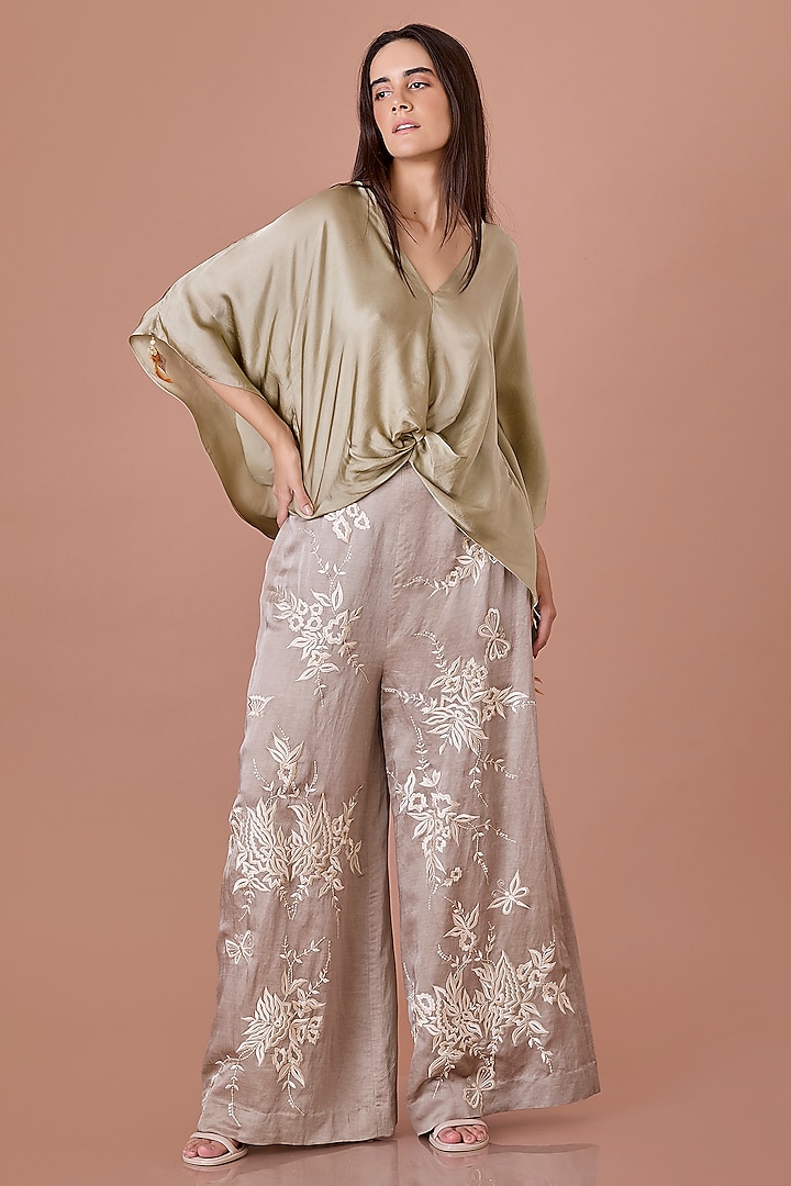 Grey Blended Linen Parsi Gara Floral Embroidered Trousers by Dilnaz Karbhary at Pernia's Pop Up Shop