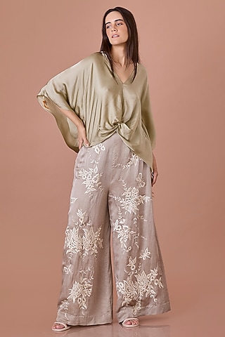 Grey Blended Linen Parsi Gara Floral Embroidered Trousers by Dilnaz Karbhary