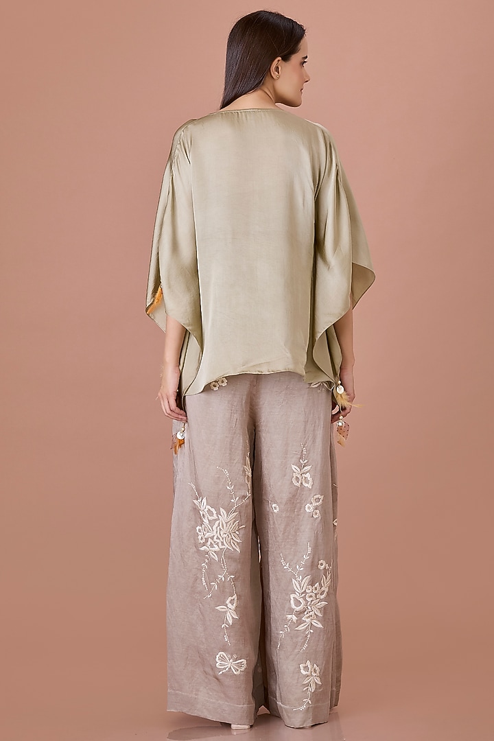Grey Blended Linen Parsi Gara Floral Embroidered Trousers by Dilnaz Karbhary at Pernia's Pop Up Shop