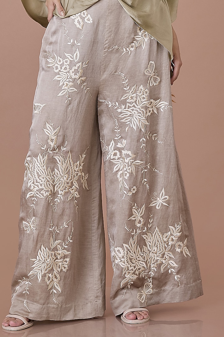 Grey Blended Linen Parsi Gara Floral Embroidered Trousers by Dilnaz Karbhary at Pernia's Pop Up Shop