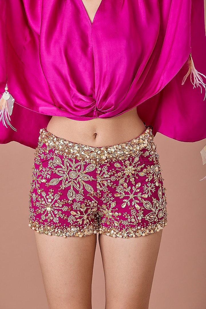 Jamun Colored Power Net Hand Embroidered Shorts by Dilnaz Karbhary at Pernia's Pop Up Shop