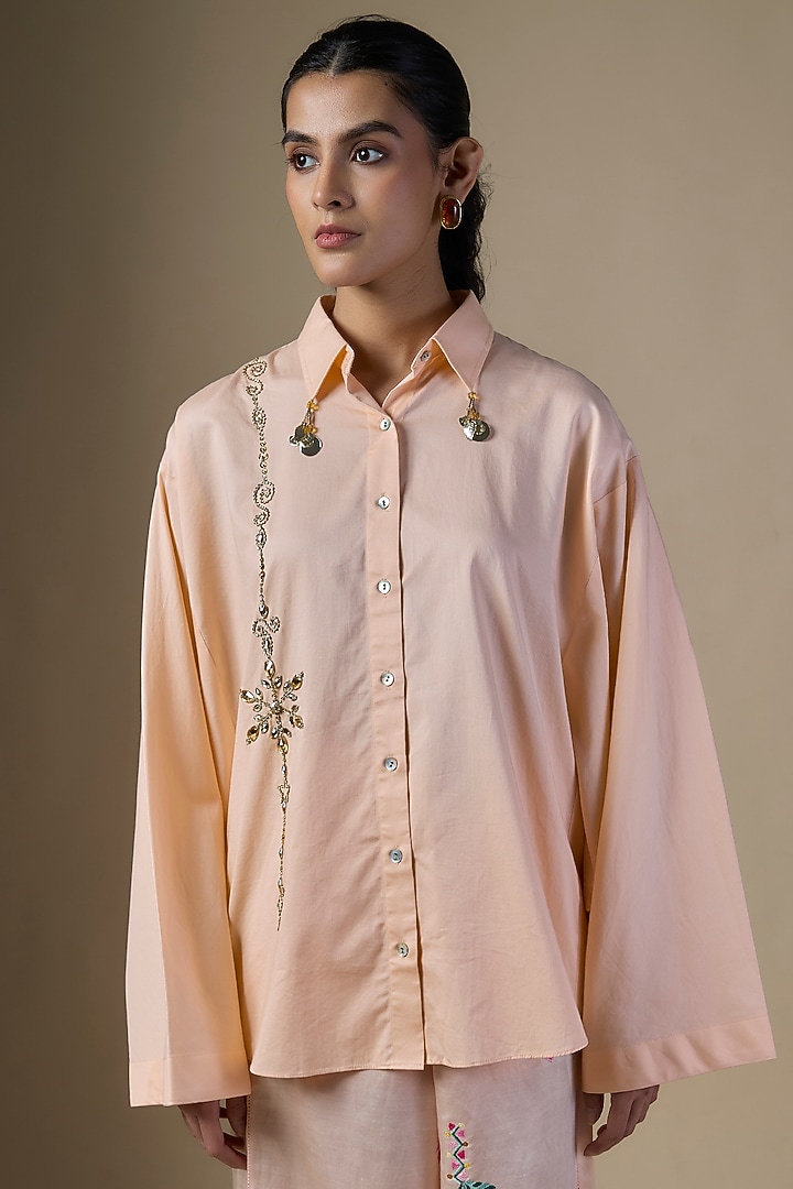 Peach Blended Cotton Shirt by Dilnaz Karbhary at Pernia's Pop Up Shop