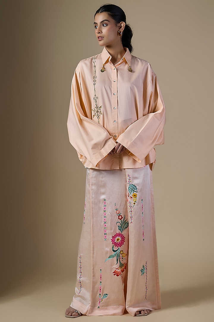 Peach Blended Cotton Shirt by Dilnaz Karbhary at Pernia's Pop Up Shop