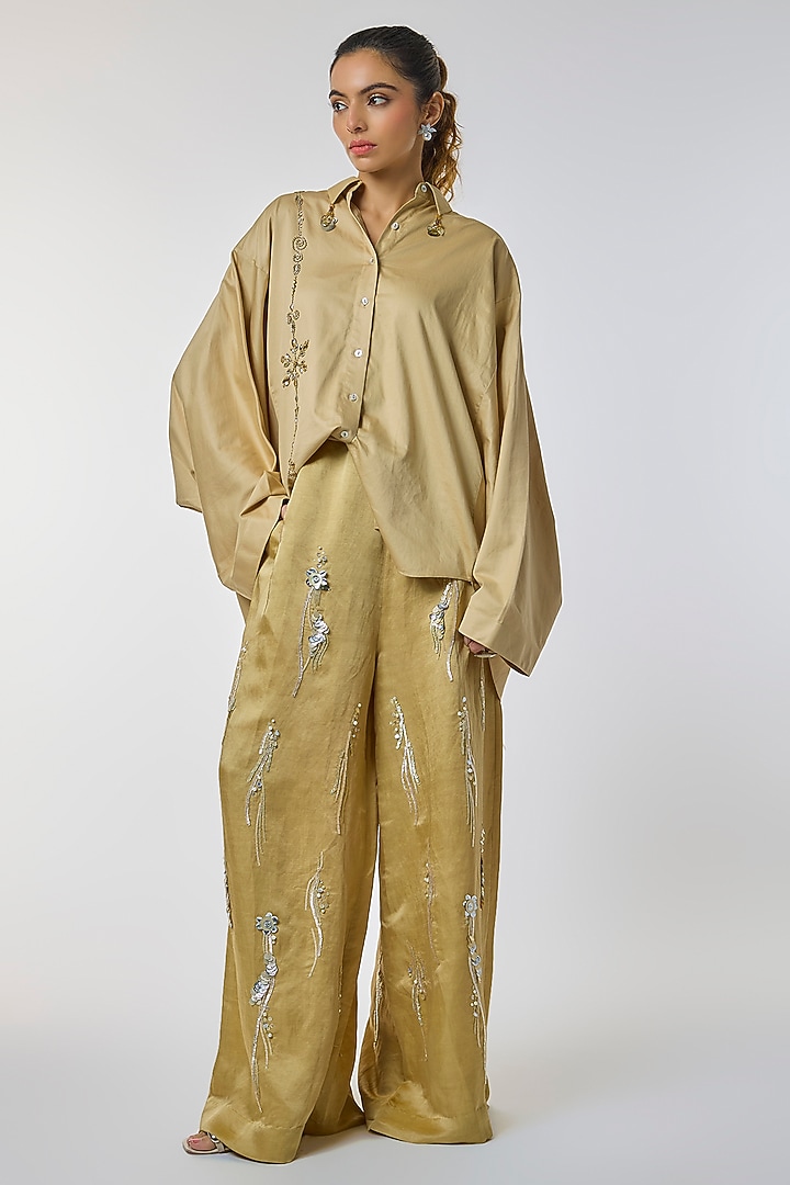 Khaki Blended Cotton Batwing Shirt by Dilnaz Karbhary at Pernia's Pop Up Shop