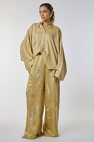 Khaki Blended Cotton Batwing Shirt by Dilnaz Karbhary