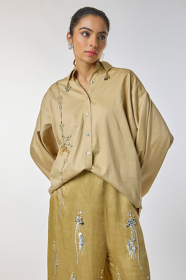 Khaki Blended Cotton Batwing Shirt by Dilnaz Karbhary at Pernia's Pop Up Shop