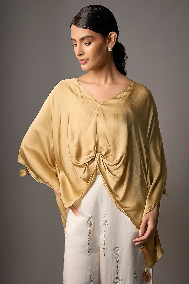 Light Gold Blended Satin Kaftan by Dilnaz Karbhary at Pernia's Pop Up Shop
