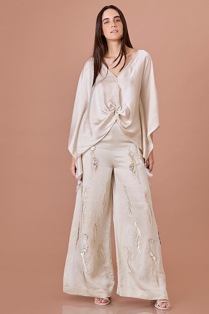 Champagne Blended Linen Hand Embroidered Trousers by Dilnaz Karbhary at Pernia's Pop Up Shop