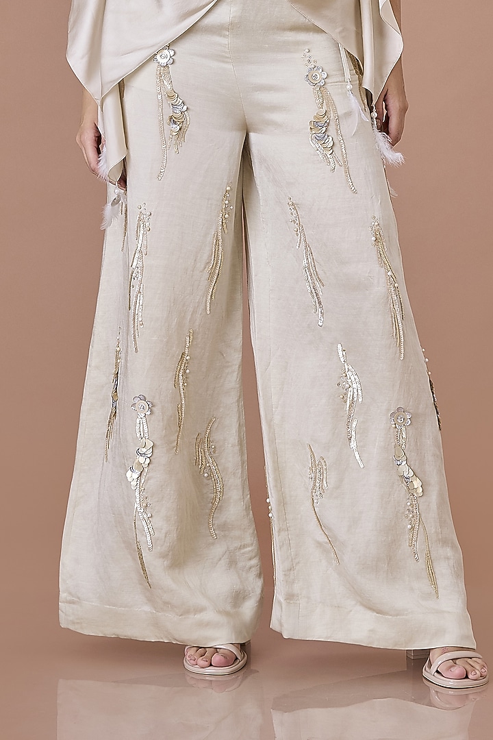 Champagne Blended Linen Hand Embroidered Trousers by Dilnaz Karbhary at Pernia's Pop Up Shop