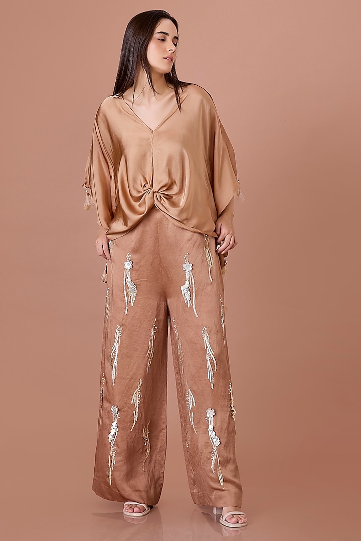 Chocolate Brown Blended Satin Kaftan by Dilnaz Karbhary at Pernia's Pop Up Shop