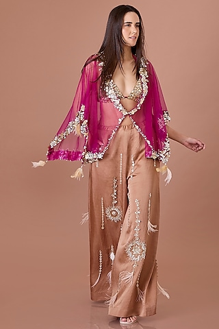 Chocolate Brown Blended Satin Star Embroidered Trousers by Dilnaz Karbhary