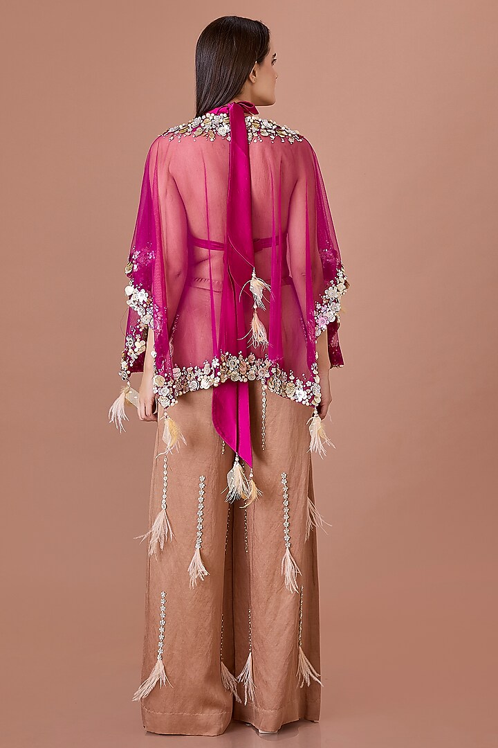 Chocolate Brown Blended Satin Star Embroidered Trousers by Dilnaz Karbhary at Pernia's Pop Up Shop