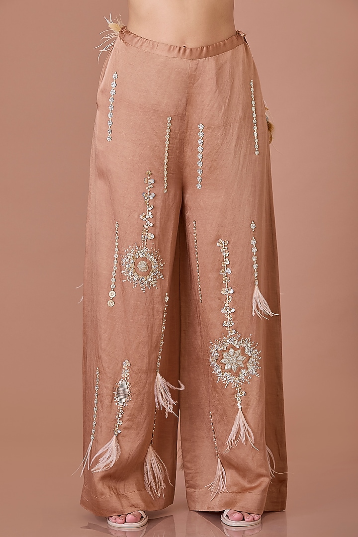 Chocolate Brown Blended Satin Star Embroidered Trousers by Dilnaz Karbhary at Pernia's Pop Up Shop