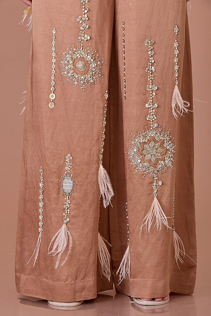 Chocolate Brown Blended Satin Star Embroidered Trousers by Dilnaz Karbhary at Pernia's Pop Up Shop