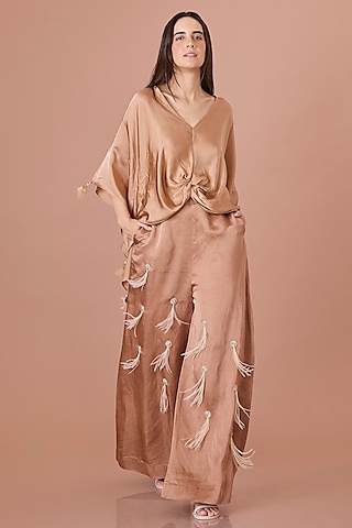 Chocolate Brown Blended Linen Hand Embroidered Trousers by Dilnaz Karbhary
