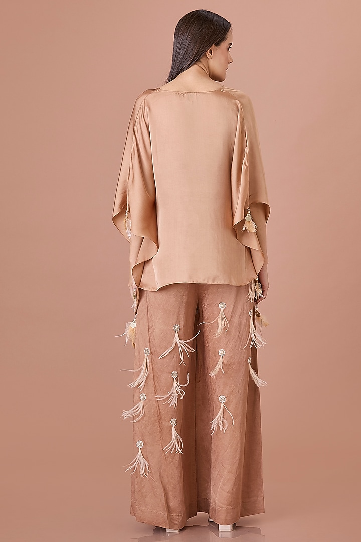 Chocolate Brown Blended Linen Hand Embroidered Trousers by Dilnaz Karbhary at Pernia's Pop Up Shop