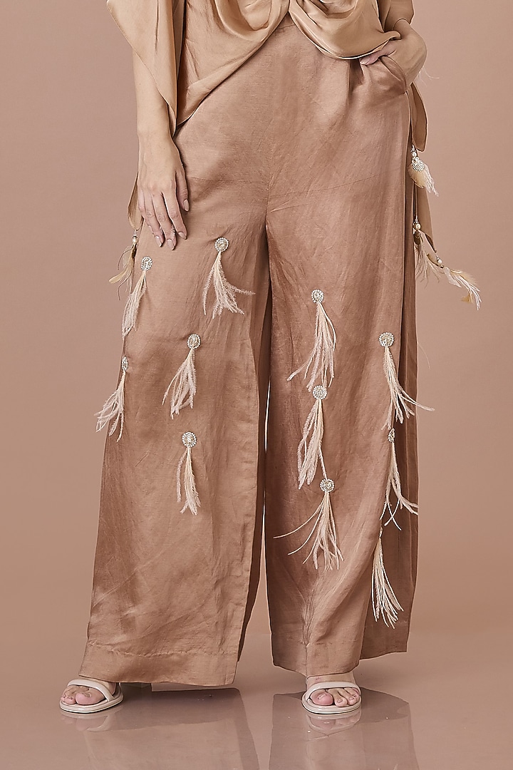 Chocolate Brown Blended Linen Hand Embroidered Trousers by Dilnaz Karbhary at Pernia's Pop Up Shop