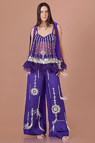 Purple Blended Linen Hand Embroidered Trousers by Dilnaz Karbhary