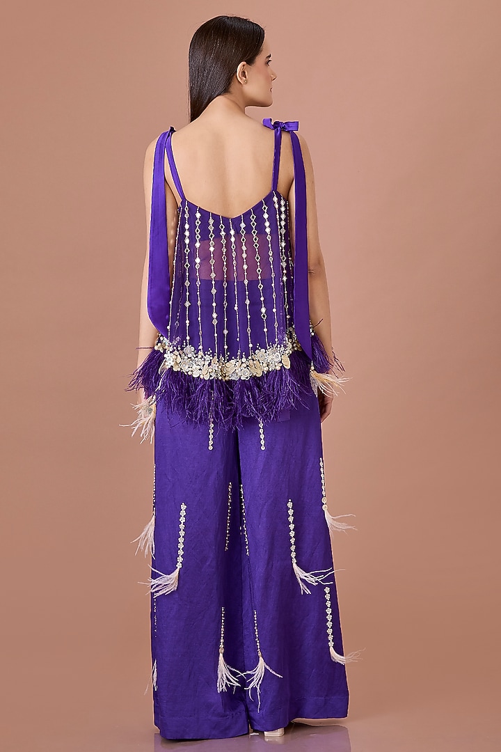 Purple Blended Linen Hand Embroidered Trousers by Dilnaz Karbhary at Pernia's Pop Up Shop
