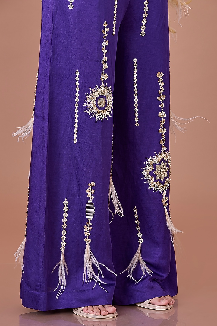 Purple Blended Linen Hand Embroidered Trousers by Dilnaz Karbhary at Pernia's Pop Up Shop