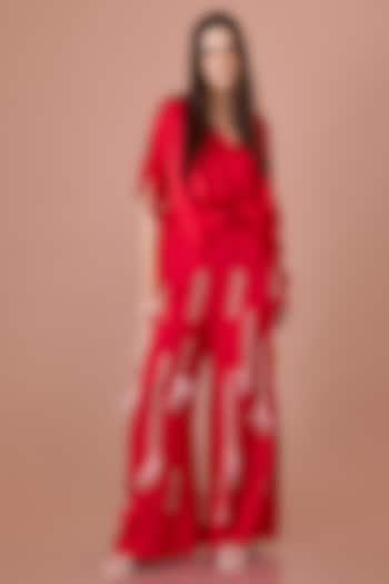 Red Blended Linen Hand Embroidered Trousers by Dilnaz Karbhary at Pernia's Pop Up Shop