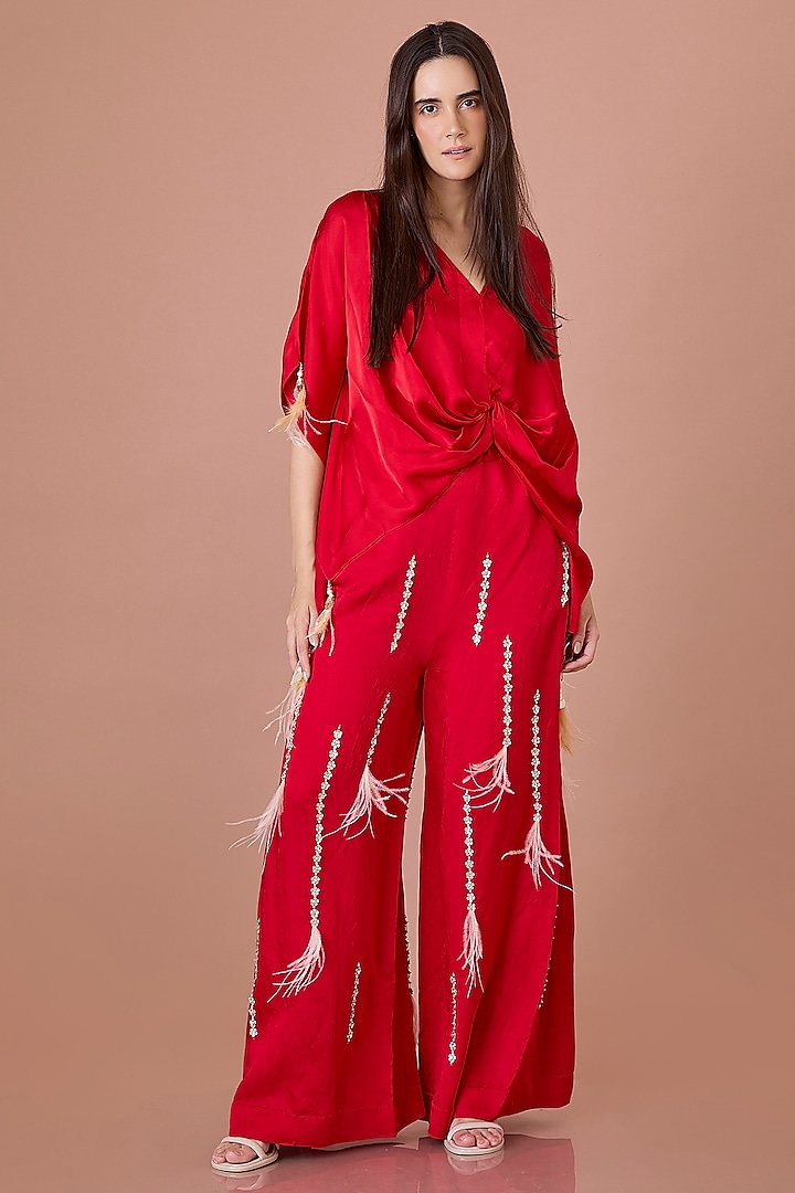 Red Blended Linen Hand Embroidered Trousers by Dilnaz Karbhary at Pernia's Pop Up Shop