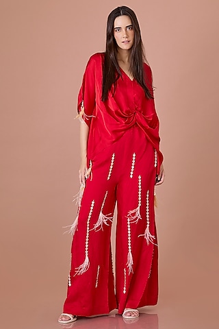 Red Blended Linen Hand Embroidered Trousers by Dilnaz Karbhary