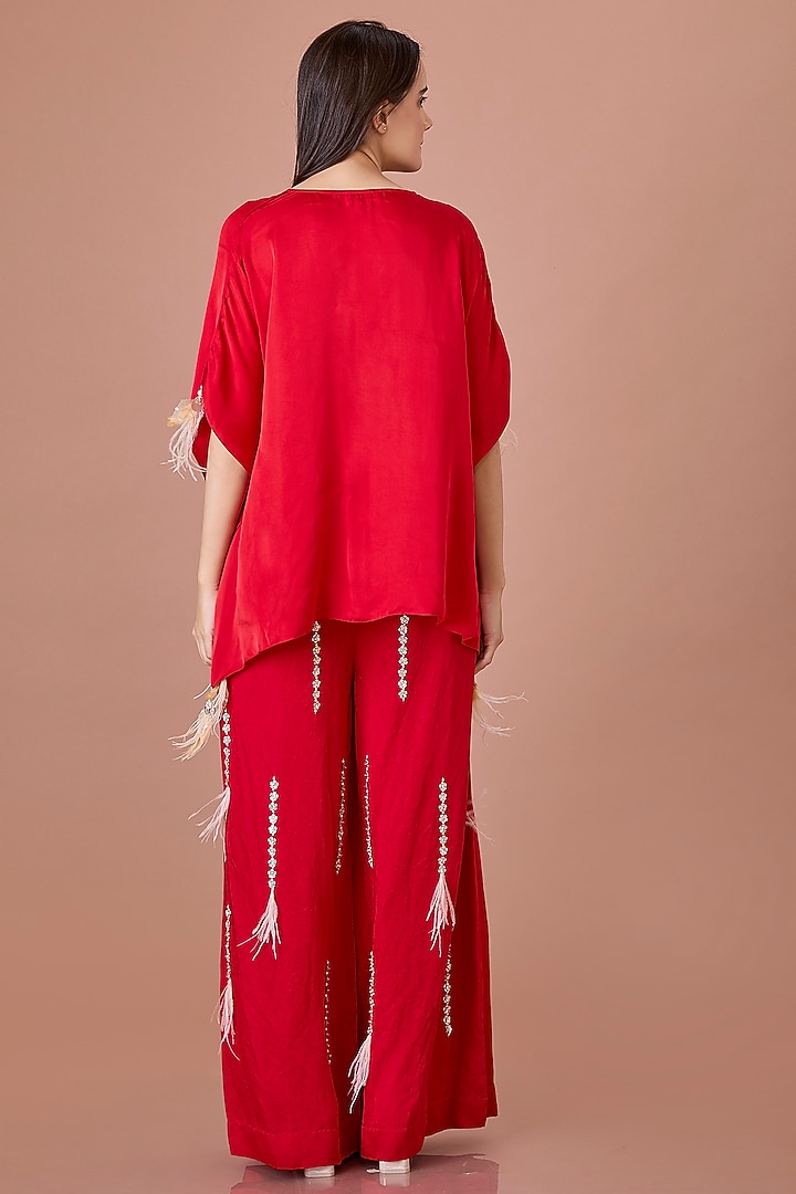 Red Blended Linen Hand Embroidered Trousers by Dilnaz Karbhary at Pernia's Pop Up Shop