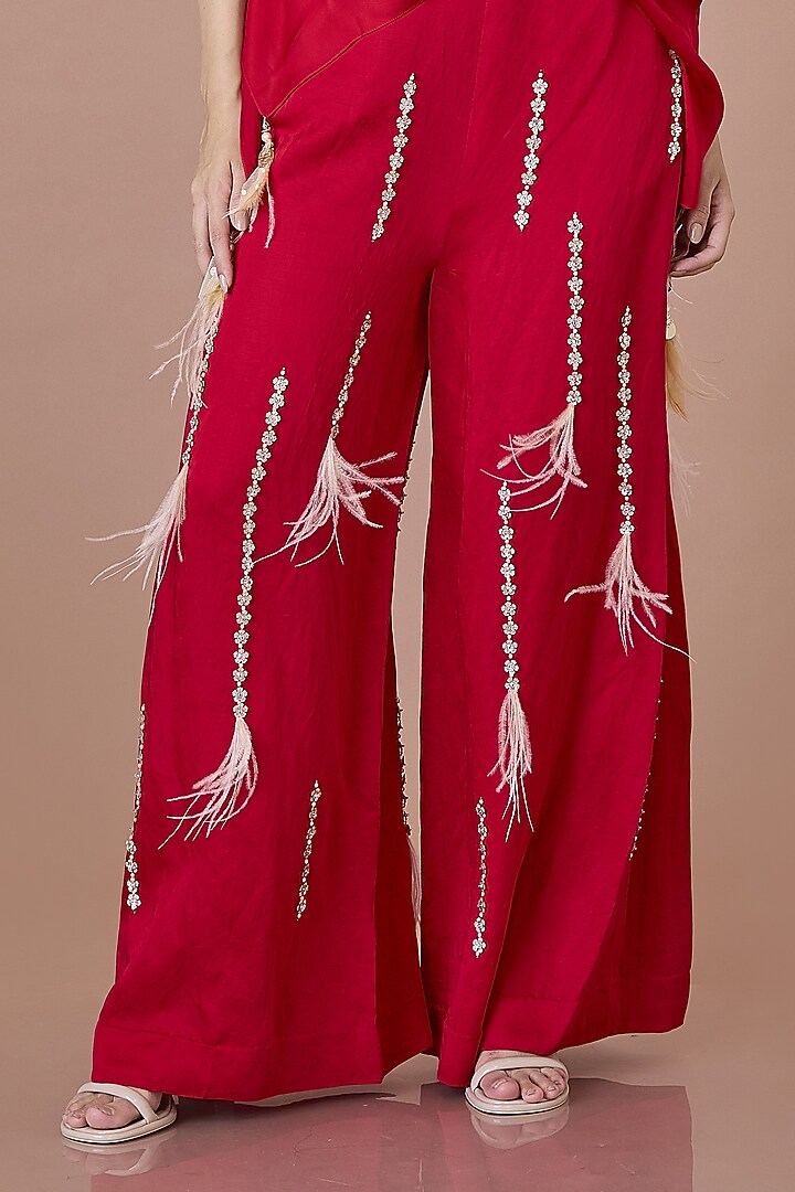 Red Blended Linen Hand Embroidered Trousers by Dilnaz Karbhary at Pernia's Pop Up Shop