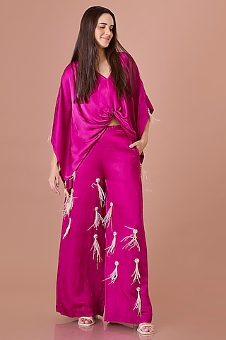 Jamun Colored Blended Linen Hand Embroidered Trousers by Dilnaz Karbhary