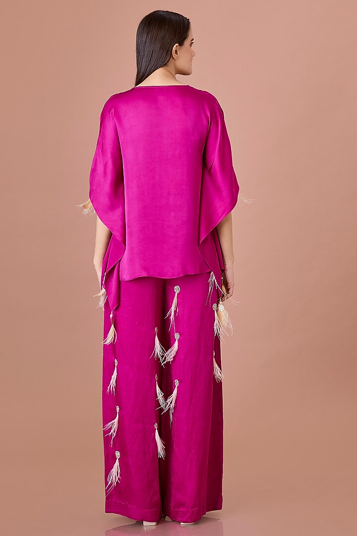 Jamun Colored Blended Linen Hand Embroidered Trousers by Dilnaz Karbhary at Pernia's Pop Up Shop