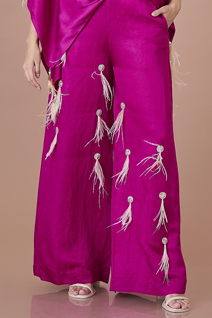 Jamun Colored Blended Linen Hand Embroidered Trousers by Dilnaz Karbhary at Pernia's Pop Up Shop