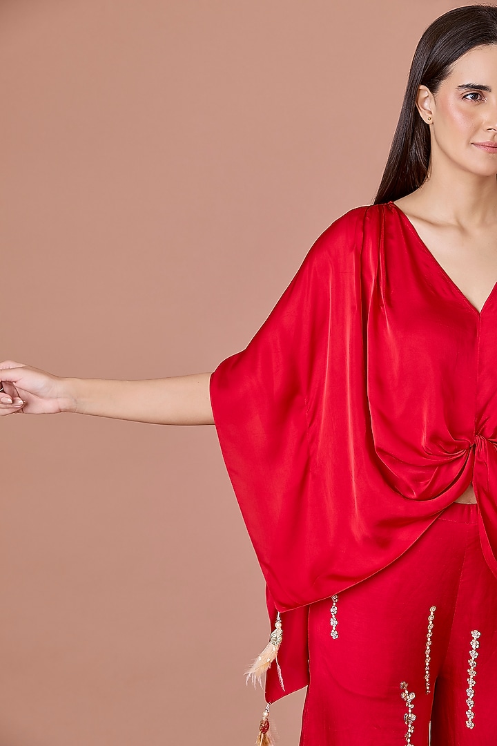Red Blended Satin Kaftan by Dilnaz Karbhary at Pernia's Pop Up Shop