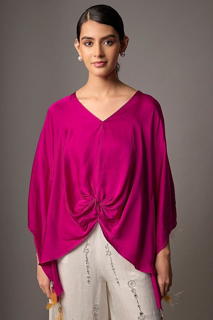 Jamun Colored Blended Satin Pleated Kaftan by Dilnaz Karbhary at Pernia's Pop Up Shop