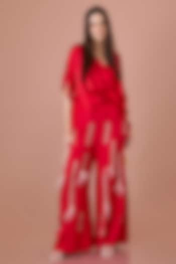 Red Blended Satin Draped Kaftan by Dilnaz Karbhary at Pernia's Pop Up Shop