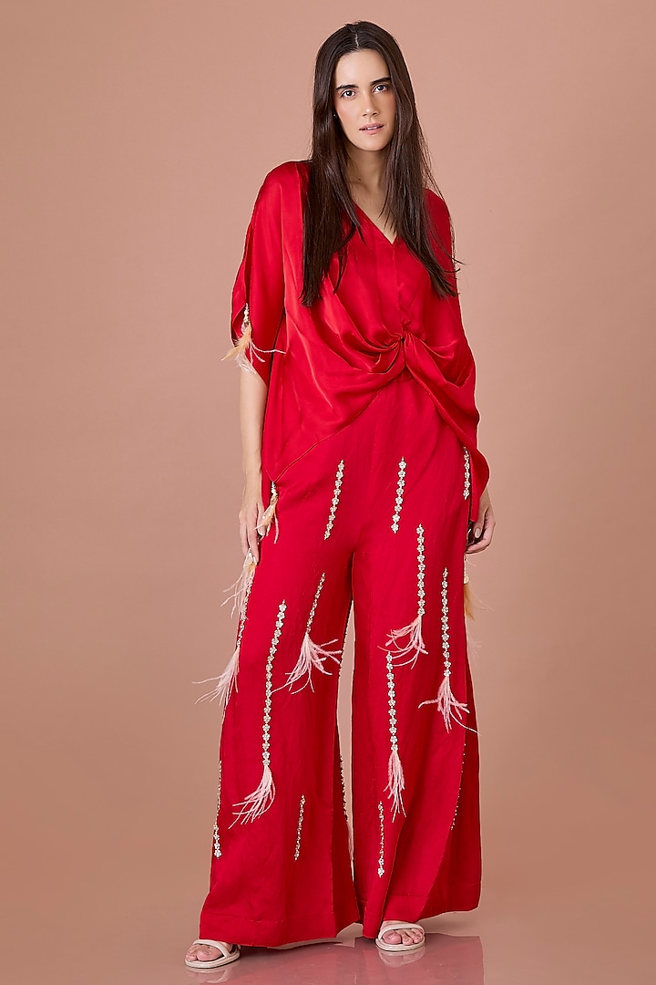 Red Blended Satin Draped Kaftan by Dilnaz Karbhary at Pernia's Pop Up Shop