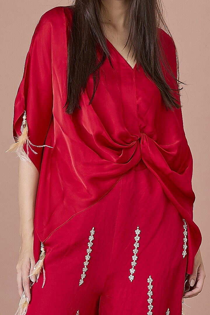 Red Blended Satin Hand Embroidered Kaftan by Dilnaz Karbhary at Pernia's Pop Up Shop