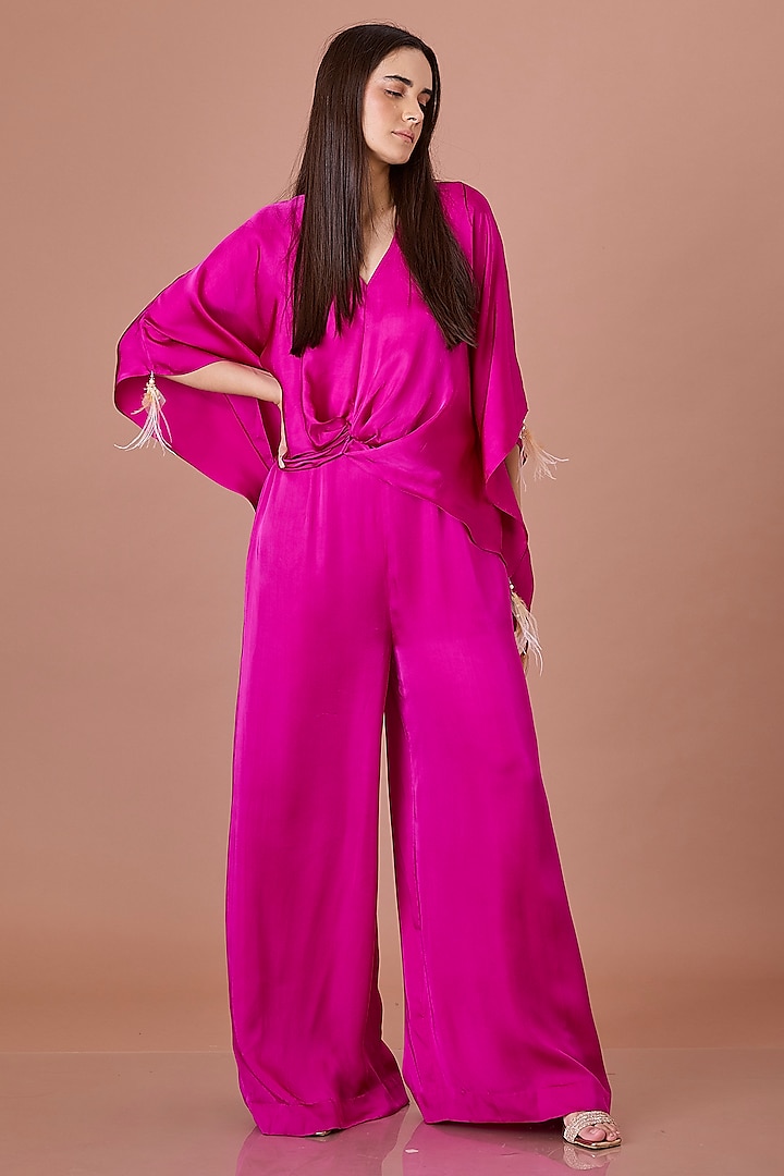 Jamun Colored Blended Satin Jumpsuit With Kaftan by Dilnaz Karbhary at Pernia's Pop Up Shop