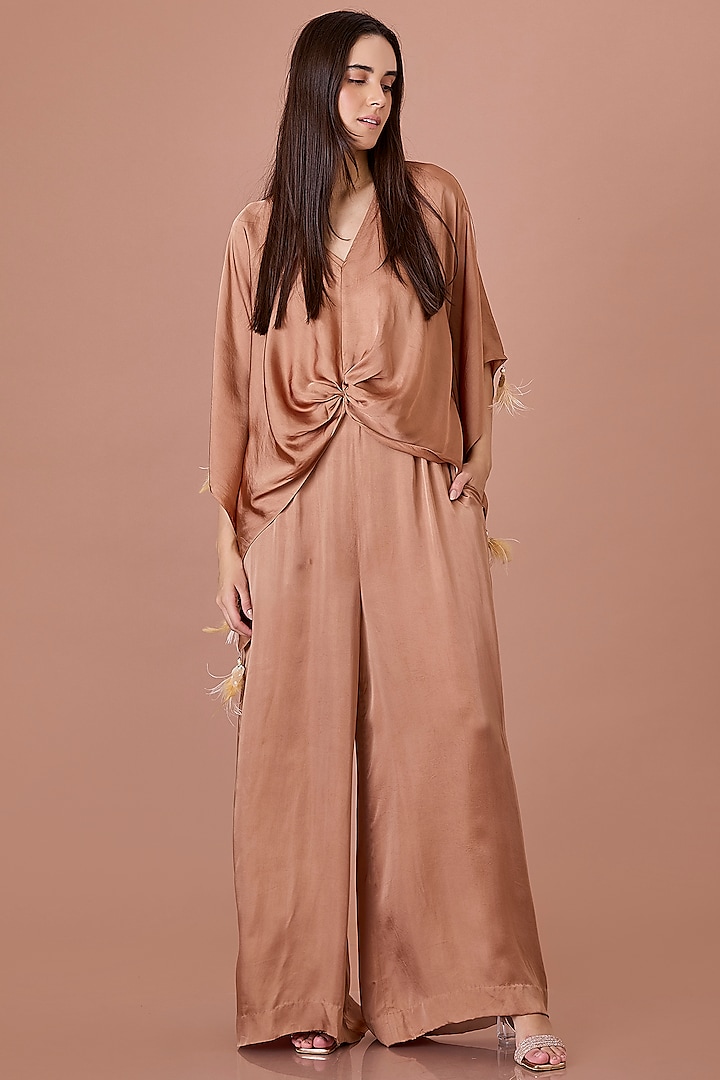 Chocolate Brown Blended Satin Jumpsuit With Kaftan by Dilnaz Karbhary at Pernia's Pop Up Shop