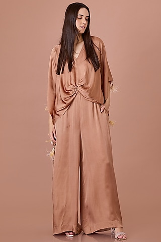 Chocolate Brown Blended Satin Jumpsuit With Kaftan by Dilnaz Karbhary