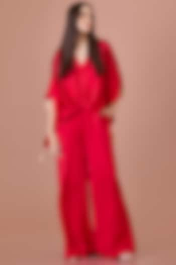 Red Blended Satin Jumpsuit With Kaftan by Dilnaz Karbhary at Pernia's Pop Up Shop