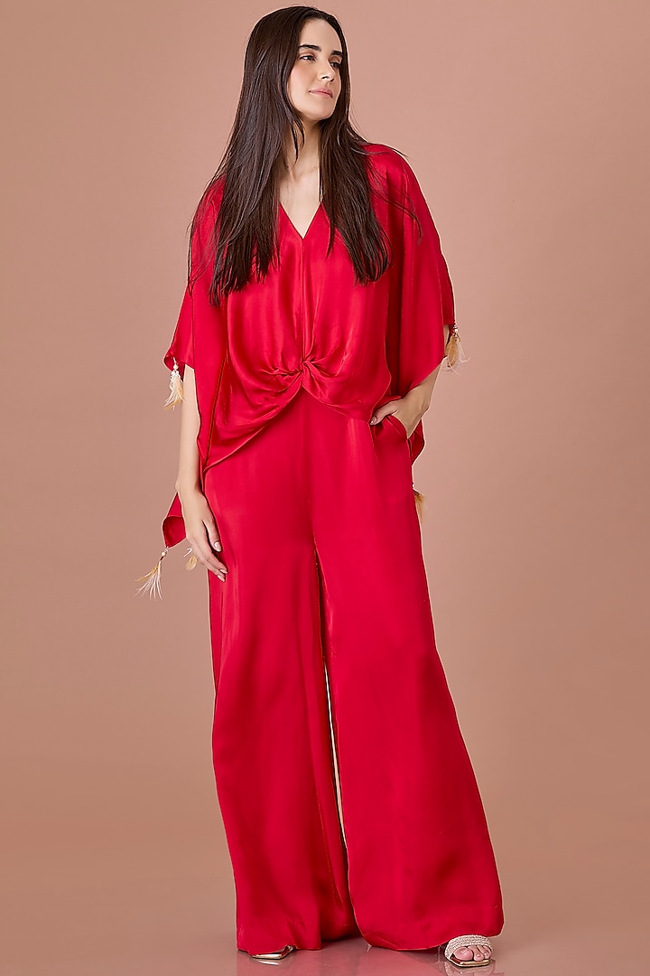 Red Blended Satin Jumpsuit With Kaftan by Dilnaz Karbhary at Pernia's Pop Up Shop