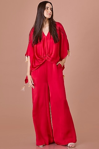 Red Blended Satin Jumpsuit With Kaftan by Dilnaz Karbhary